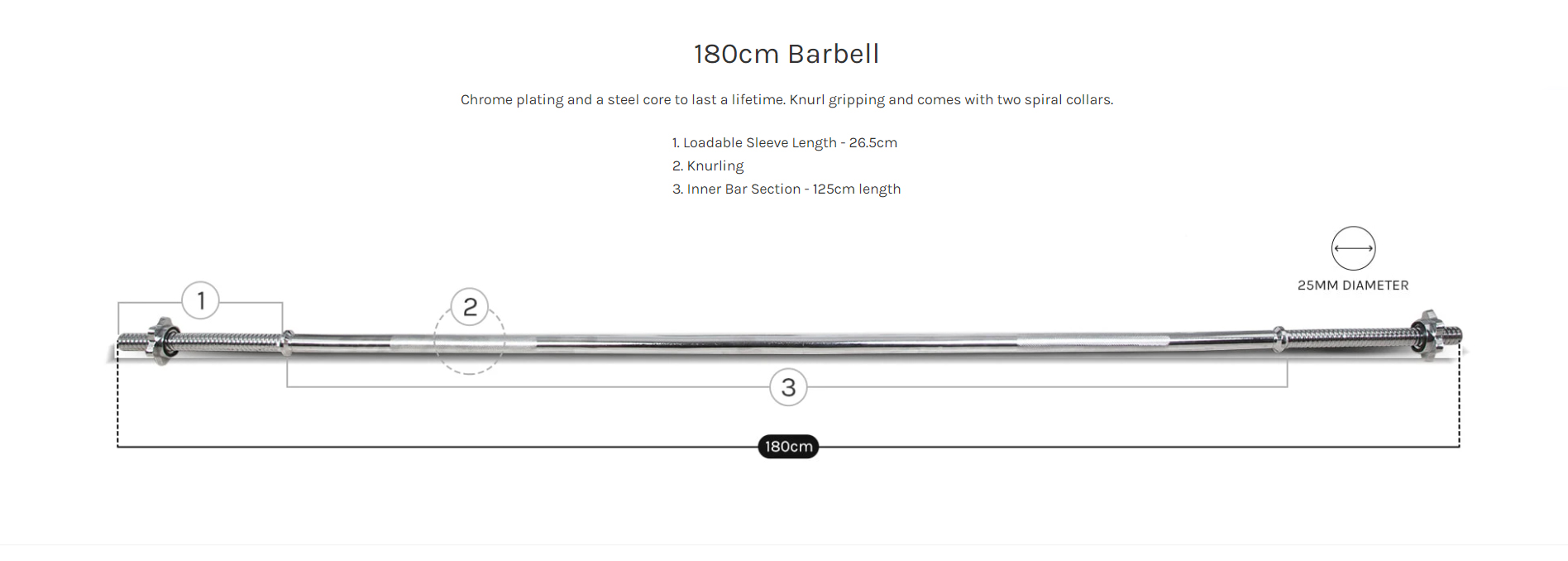 180cm Chrome Barbell with Knurl Grip, 25mm Diameter, and Collars